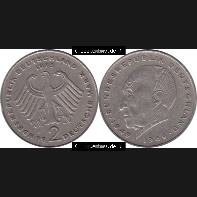 BRD Münzen 2 DM, Gedenkmünze 1969-1987, 2 DM, Deutsche Mark Münze mit Konrad Adenauer aus Deutschland 1973 F-1. Vorderseite und Rückseite mit Wert-Zahl einer... Sammlung