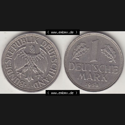 BRD Münzen 1 Deutsche Mark, Umlaufmünze 1950-2001, 1 DM Deutsche Mark, 1958 J-1. Münzen-Rückseite und Münzen-Vorderseite als Vollansicht einer 1 DM,... Sammlung