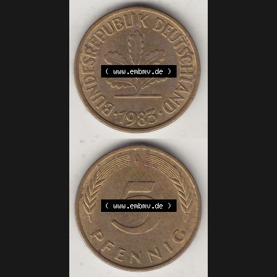 BRD Münzen 5 Pf., Umlaufmünze 1950-2001, 5 Pfennig, 1983 D-1. Vorderseite und Rückseite vertikal untereinander zusammen auf einen Bild / Foto für... Sammlung