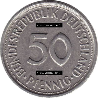 BRD Münzen 50 Pf. Umlaufmünze 1950-2001, 50 Pfennig BRD Deutschland 1990 Stuttgart Mzz. F-1. Rückseite mit Wert-Zahl einer 50 Pfennig Münze einer DM - Deutschen... Sammlung