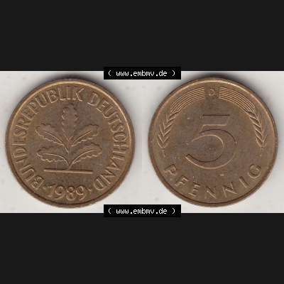 BRD Münzen 5 Pf., Umlaufmünze 1950-2001, 5 Pfennig, 1989 D-2. Vorderseite und Rückseite zusammen auf einen Bild / Foto für Desktop-Computer einer... Sammlung
