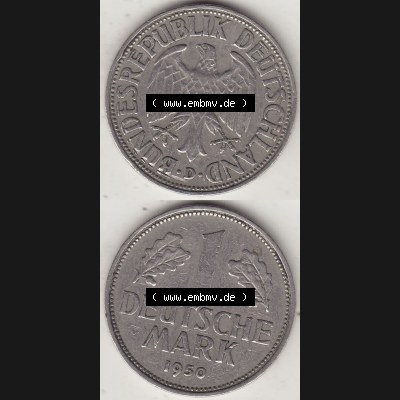 BRD Münzen 1 DM, Umlaufmünze 1950-2001, 1 DM Deutsche Mark, 1950 D-2. Münzen-Rückseite und Münzen-Vorderseite vertikal untereinander als Vollansicht für... Sammlung