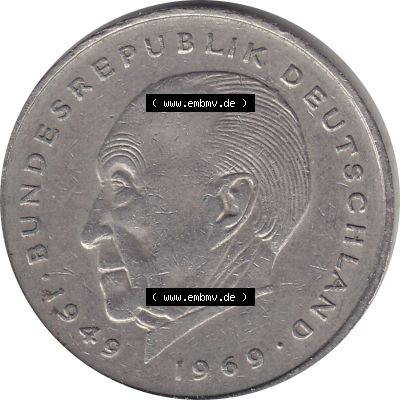 BRD Münzen 2 DM, Gedenkmünze 1969-1987, 2 DM, Deutsche Mark Münze mit Konrad Adenauer aus Deutschland 1978 F-1. Rückseite mit Wert-Zahl von 5 DM einer Deutschen... Sammlung