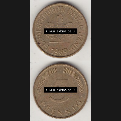 BRD Münzen 5 Pf., Umlaufmünze 1950-2001, 5 Pfennig, 1989 J-1. Vorderseite und Rückseite vertikal untereinander zusammen auf einen Bild / Foto für... Sammlung