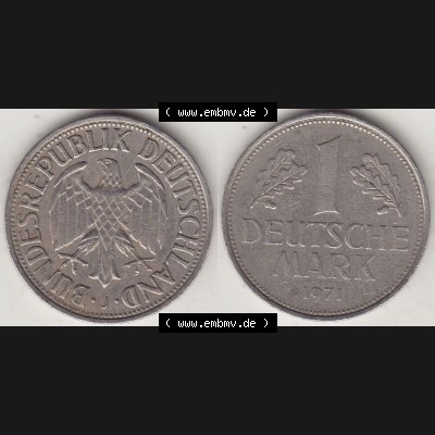 BRD Münzen 1 Deutsche Mark, Umlaufmünze 1950-2001, 1 DM Deutsche Mark, 1971 J-1. Münzen-Rückseite und Münzen-Vorderseite als Vollansicht einer 1 DM,... Sammlung