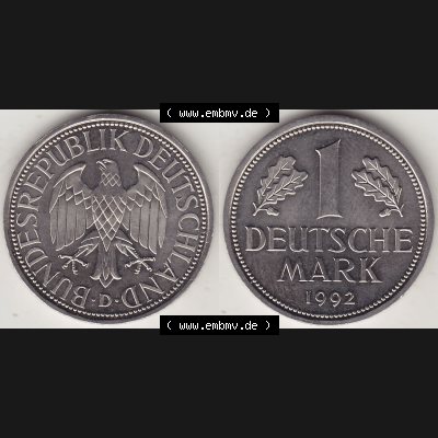 BRD Münzen 1 Deutsche Mark, Umlaufmünze 1950-2001, 1 DM Deutsche Mark, 1992 D-2. Münzen-Rückseite und Münzen-Vorderseite als Vollansicht einer 1 DM,... Sammlung