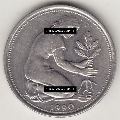BRD Münzen 50 Pf. Umlaufmünze 1950-2001, 50 Pfennig BRD Deutschland 1990 G-1. Vorderseite der digitalisierte 50 Pfennig G, mit Mzz. G für Münzstätte... Sammlung