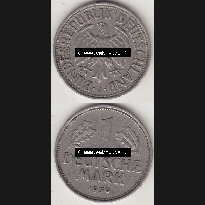 BRD Münzen 1 Deutsche Mark, Umlaufmünze 1950-2001, 1 DM Deutsche Mark, 1950 J-6. Münzen-Rückseite und Münzen-Vorderseite vertikal untereinander als Vollansicht... Sammlung