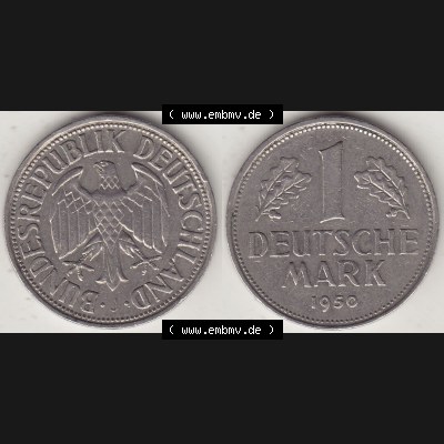 BRD Münzen 1 DM, Umlaufmünze 1950-2001, 1 DM Deutsche Mark, 1950 J-2. Münzen-Rückseite und Münzen-Vorderseite als Vollansicht einer 1 DM, 1 Deutsche... Sammlung