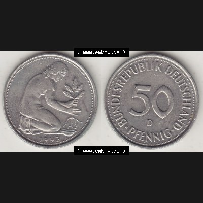 BRD Münzen 50 Pf. Umlaufmünze 1950-2001, 50 Pfennig Münze aus Deutschland 1993 D-1. Vorderseite und Rückseite mit Wert-Zahl auf einen Bild / Foto der digitalisierten... Sammlung