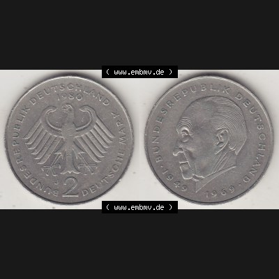 BRD Münzen 2 DM, Gedenkmünze 1969-1987, 2 DM, Deutsche Mark Konrad Adenauer 1980 J-1. VS-RS auf einen Bild / Foto einer 2 DM, 2 Deutsche Mark J Gedenkmünze,... Sammlung