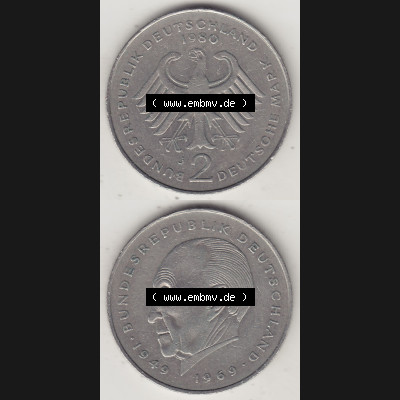 BRD Münzen 2 DM, Gedenkmünze 1969-1987, 2 DM, Deutsche Mark Konrad Adenauer 1980 J-1. Vorderseite und Rückseite einer Münze auf einen Bild / Foto,... Sammlung