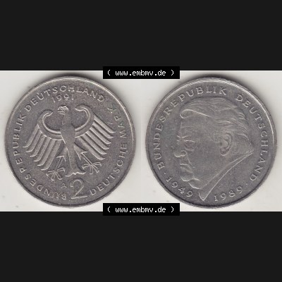 BRD Münzen 2 DM, Gedenkmünze 1991-2001, 2 DM, Deutsche Mark Franz Josef Strauß 1991 A-1. VS-RS auf einen Bild / Foto einer 2 DM, 2 Deutsche Mark A Gedenkmünze,... Sammlung