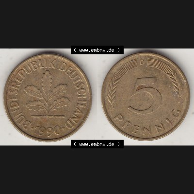 BRD Münzen 5 Pf., Umlaufmünze 1950-2001, 5 Pfennig, 1990 D-1. Vorderseite und Rückseite zusammen auf einen Bild / Foto für Desktop-Computer einer... Sammlung