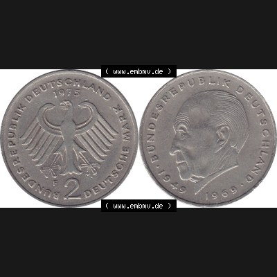 BRD Münzen 2 DM, Gedenkmünze 1969-1987, 2 DM, Deutsche Mark Münze mit Konrad Adenauer aus Deutschland 1975 F-1. Vorderseite und Rückseite mit Wert-Zahl einer... Sammlung