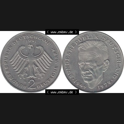 BRD Münzen 2 DM, Gedenkmünze 1979-1993, 2 DM, Deutsche Mark Kurt Schumacher Deutschland 1991 G-1. Vorderseite und Rückseite mit Wert-Zahl einer 2 DM Kurt Schumacher... Sammlung