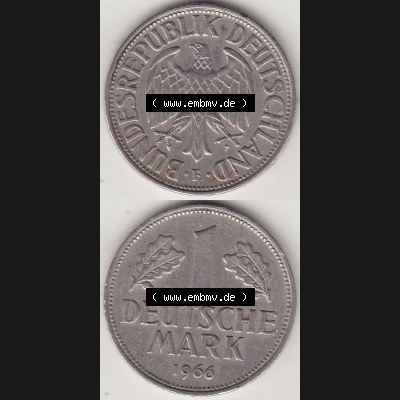 BRD Münzen 1 Deutsche Mark, Umlaufmünze 1950-2001, 1 DM Deutsche Mark, 1966 F-1. Münzen-Rückseite und Münzen-Vorderseite vertikal untereinander als Vollansicht... Sammlung