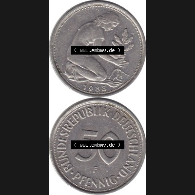 BRD Münzen 50 Pf. Umlaufmünze 1950-2001, 50 Pfennig BRD Deutschland 1988 Stuttgart Mzz. F-1. Vorderseite und Rückseite mit Wert-Zahl eine 50 Pfennig Münze... Sammlung