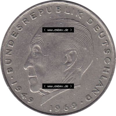 BRD Münzen 2 DM, Gedenkmünze 1969-1987, 2 DM, Deutsche Mark Münze mit Konrad Adenauer aus Deutschland 1972 D-1. Rückseite mit Wert-Zahl von 5 DM einer Deutschen... Sammlung
