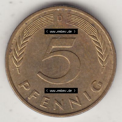 BRD Münzen 5 Pf., Umlaufmünze 1950-2001, 5 Pfennig, 1983 D-1. Rückseite einer 5 Pfennig D, Mzz. D für München - Münze aus Deutschland... Sammlung
