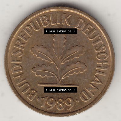 BRD Münzen 5 Pf., Umlaufmünze 1950-2001, 5 Pfennig, 1989 D-2. Vorderseite einer 5 Pfennig D, Mzz. D für München - Münze aus Deutschland... Sammlung