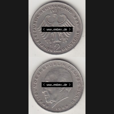 BRD Münzen 2 DM, Gedenkmünze 1969-1987, 2 DM, Deutsche Mark Konrad Adenauer 1975 F-1. Vorderseite und Rückseite einer Münze auf einen Bild / Foto,... Sammlung