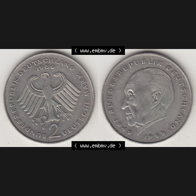 BRD Münzen 2 DM, Gedenkmünze 1969-1987, 2 DM, Deutsche Mark Konrad Adenauer 1986 G-1. VS-RS auf einen Bild / Foto einer 2 DM, 2 Deutsche Mark G Gedenkmünze,... Sammlung