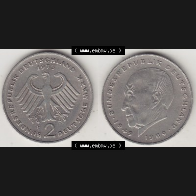 BRD Münzen 2 DM, Gedenkmünze 1969-1987, 2 DM, Deutsche Mark Konrad Adenauer 1975 F-1. VS-RS auf einen Bild / Foto einer 2 DM, 2 Deutsche Mark F Gedenkmünze,... Sammlung