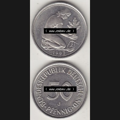 BRD Münzen 50 Pf. Umlaufmünze 1950-2001, 50 Pfennig 1992 J-1. Vorderseite und Rückseite auf einen Bild / Foto vertikal untereinander zusammengefügt, zum... Sammlung