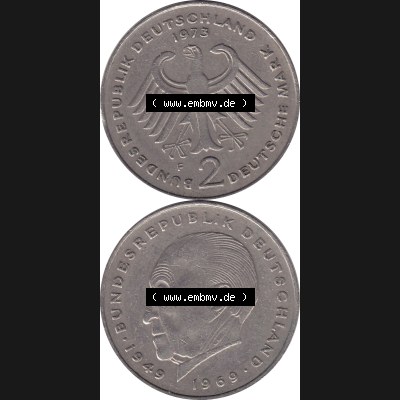 BRD Münzen 2 DM, Gedenkmünze 1969-1987, 2 DM, Deutsche Mark Münze mit Konrad Adenauer aus Deutschland 1973 F-1. Vorderseite und Rückseite mit Wert-Zahl eine... Sammlung