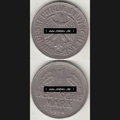 BRD Münzen 1 DM, Umlaufmünze 1950-2001, 1 DM Deutsche Mark, 1950 D-4. Münzen-Rückseite und Münzen-Vorderseite vertikal untereinander als Vollansicht für... Sammlung