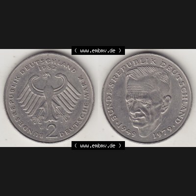 BRD Münzen 2 DM, Gedenkmünze 1979-1993, 2 DM, Deutsche Mark Kurt Schumacher 1982 G-1. VS-RS auf einen Bild / Foto einer 2 DM, 2 Deutsche Mark G Gedenkmünze,... Sammlung