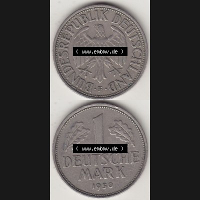 BRD Münzen 1 Deutsche Mark, Umlaufmünze 1950-2001, 1 DM Deutsche Mark, 1950 F-7. Münzen-Rückseite und Münzen-Vorderseite vertikal untereinander als Vollansicht... Sammlung