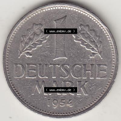 BRD Münzen 1 Deutsche Mark, Umlaufmünze 1950-2001, 1 DM Deutsche Mark, 1954 G-1. Münzen-Rückseite mit Nennwert / Nominalwert / Wert-Zahl einer 1 DM,... Sammlung