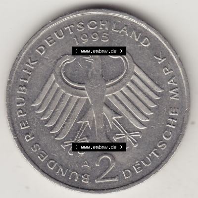 BRD Münzen 2 DM, Gedenkmünze 1991-2001, 2 DM, Deutsche Mark Franz Josef Strauß 1995 A-1. Vorderseite einer 2 DM, 2 Deutsche Mark A Gedenkmünze,... Sammlung