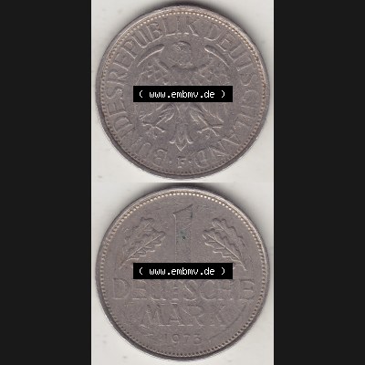BRD Münzen 1 Deutsche Mark, Umlaufmünze 1950-2001, 1 DM Deutsche Mark, 1973 F-3. Münzen-Rückseite und Münzen-Vorderseite vertikal untereinander als Vollansicht... Sammlung