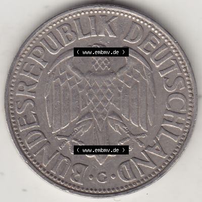 BRD Münzen 1 Deutsche Mark, Umlaufmünze 1950-2001, 1 DM Deutsche Mark, 1954 G-4. Vorderseite einer 1 DM, 1 Deutsche Mark G, Mzz. G für Karlsruhe... Sammlung