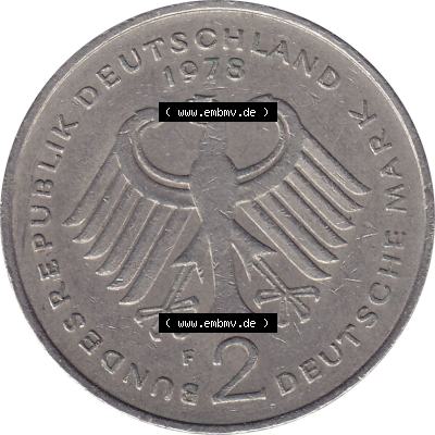 BRD Münzen 2 DM, Gedenkmünze 1969-1987, 2 DM, Deutsche Mark Münze mit Konrad Adenauer aus Deutschland 1978 F-1. Vorderseite einer Deutschen Münze der BRD,... Sammlung