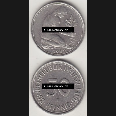 BRD Münzen 50 Pf. Umlaufmünze 1950-2001, 50 Pfennig BRD Deutschland 1989 F-1. Vorderseite und Rückseite auf einen Bild / Foto vertikal untereinander zusammengefügt,... Sammlung