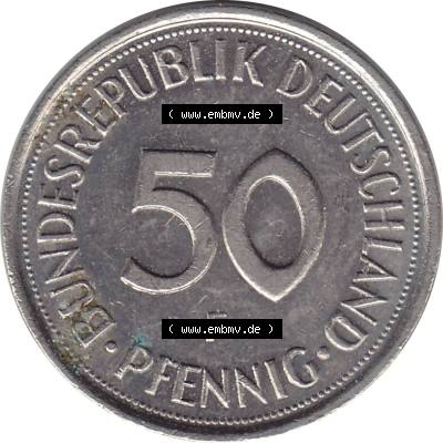 BRD Münzen 50 Pf. Umlaufmünze 1950-2001, 50 Pfennig BRD Deutschland 1993 Stuttgart Mzz. F-1. Rückseite mit Wert-Zahl einer 50 Pfennig Münze einer DM - Deutschen... Sammlung