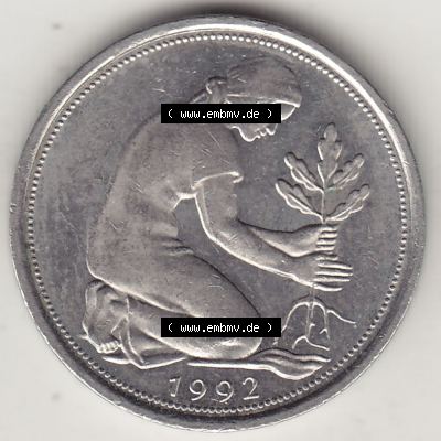 BRD Münzen 50 Pf. Umlaufmünze 1950-2001, 50 Pfennig 1992 J-1. Vorderseite der digitalisierte 50 Pfennig J, mit Mzz. J für Hamburg aus der Bundesrepublik... Sammlung