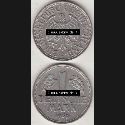 BRD Münzen 1 Deutsche Mark, Umlaufmünze 1950-2001, 1 DM Deutsche Mark, 1969 D-1. Münzen-Rückseite und Münzen-Vorderseite vertikal untereinander als Vollansicht... Sammlung