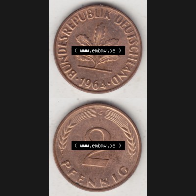 BRD Münze aus Deutschland 1950-2001, 2 Pfennig 1964 G (4) Sammlung