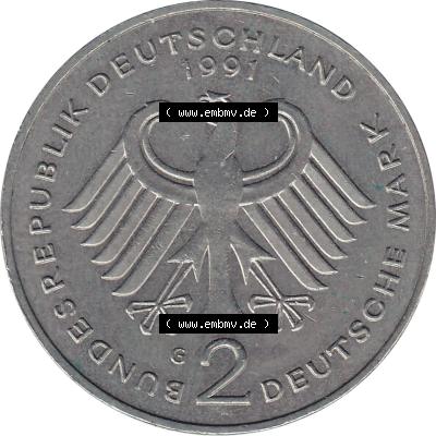 BRD Münzen 2 DM, Gedenkmünze 1979-1993, 2 DM, Deutsche Mark Kurt Schumacher Deutschland 1991 G-1. Gutes Bild / Foto / Münzenbild der Vorderseite einer 2... Sammlung