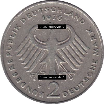 BRD Münzen 2 DM, Gedenkmünze 1969-1987, 2 DM, Deutsche Mark Münze mit Konrad Adenauer aus Deutschland 1976 F-1. Vorderseite einer Deutschen Münze der BRD,... Sammlung