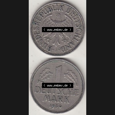 BRD Münzen 1 DM, Umlaufmünze 1950-2001, 1 DM Deutsche Mark, 1950 J-1. Münzen-Rückseite und Münzen-Vorderseite vertikal untereinander als Vollansicht für... Sammlung
