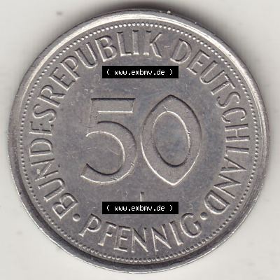 BRD Münzen 50 Pf. Umlaufmünze 1950-2001, 50 Pfennig 1994 J-1. Rückseite mit Wert-Zahl der digitalisierten 50 Pfennig J, mit Mzz. J für Hamburg aus der... Sammlung