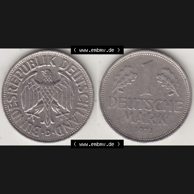 BRD Münzen 1 Deutsche Mark, Umlaufmünze 1950-2001, 1 DM Deutsche Mark, 1971 D-1. Münzen-Rückseite und Münzen-Vorderseite als Vollansicht einer 1 DM,... Sammlung