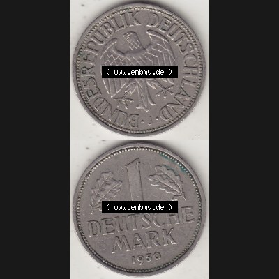 BRD Münzen 1 DM, Umlaufmünze 1950-2001, 1 DM Deutsche Mark, 1950 J-3. Münzen-Rückseite und Münzen-Vorderseite vertikal untereinander als Vollansicht für... Sammlung