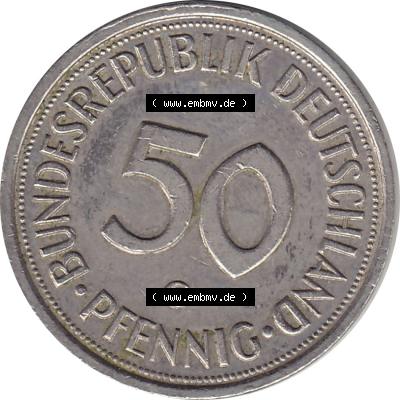 BRD Münzen 50 Pf. Umlaufmünze 1950-2001, 50 Pfennig BRD Deutschland 1993 G-1. Rückseite mit Wert-Zahl einer 50 Pfennig Münze einer DM - Deutschen Mark Münze... Sammlung